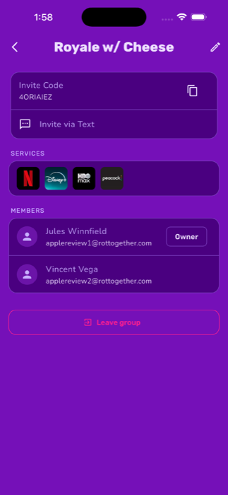 Group detail screen showing invite code, connected streaming services, and members