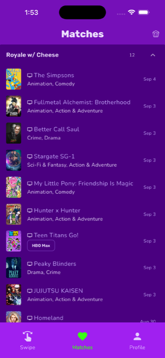 Matches screen listing titles the whole group liked