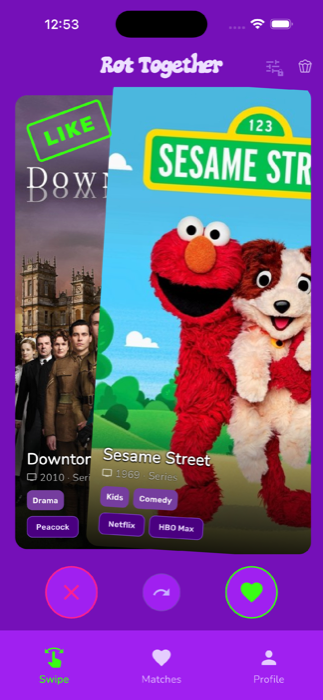 Swipe screen showing two title cards mid-swipe, the top one stamped LIKE